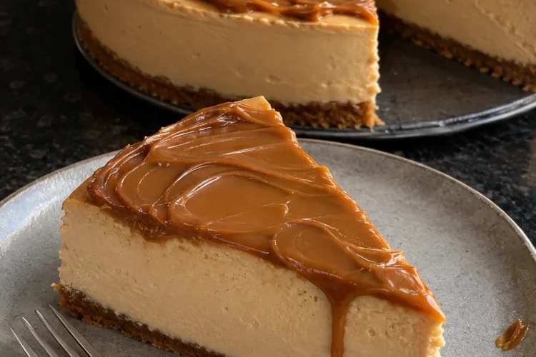 A slice of no-bake Biscoff cheesecake on a grey stoneware plate with a fork, a glossy cookie butter top dripping down the cut side over a pale caramel filling and a thin cookie crust, the rest of the cheesecake behind it with speculoos cookies standing in the top.