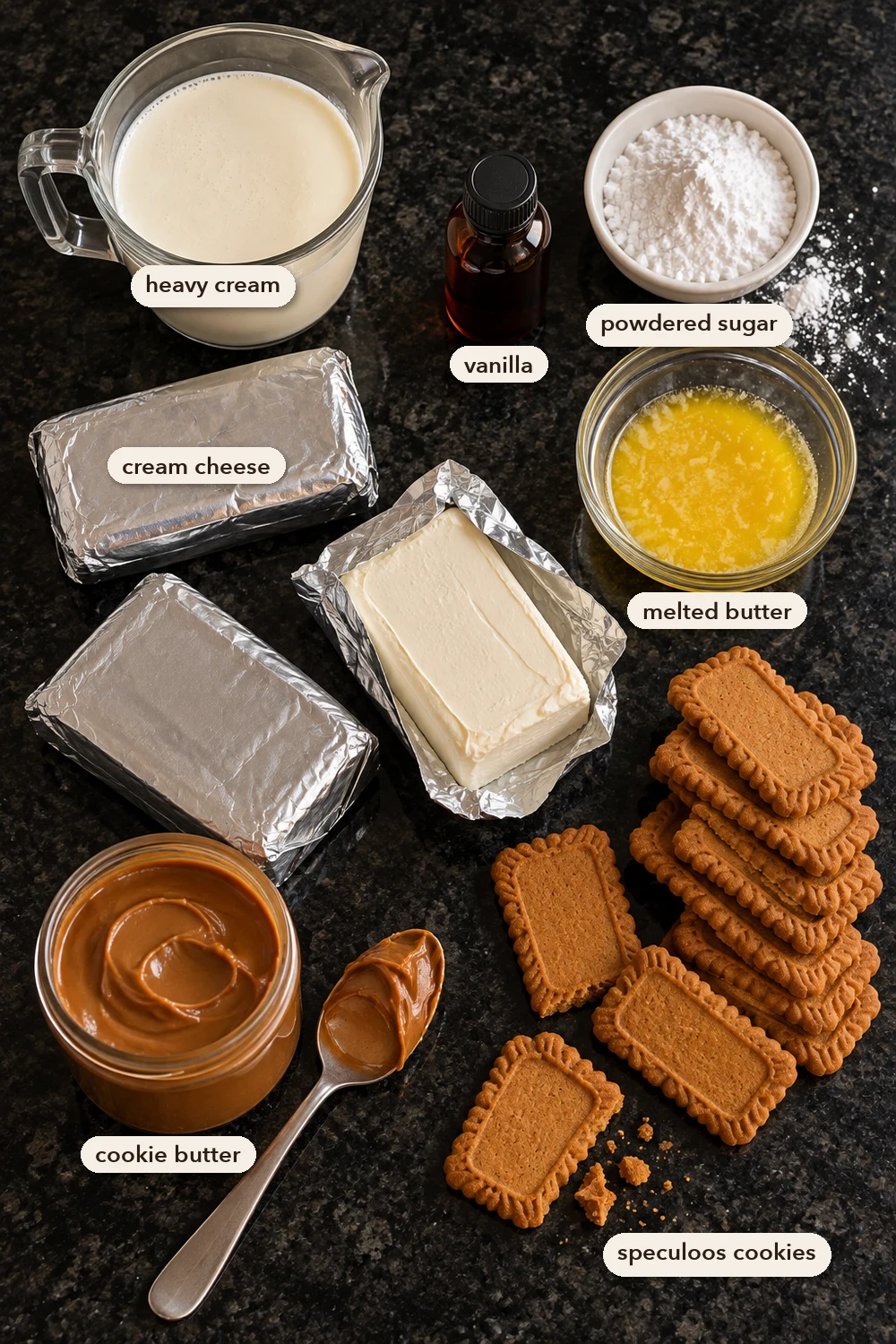 Labeled ingredients for Biscoff cheesecake on a black stone counter: a jug of heavy cream, vanilla, powdered sugar, melted butter, three blocks of cream cheese in foil, an open jar of cookie butter with a spoon and a stack of speculoos cookies.