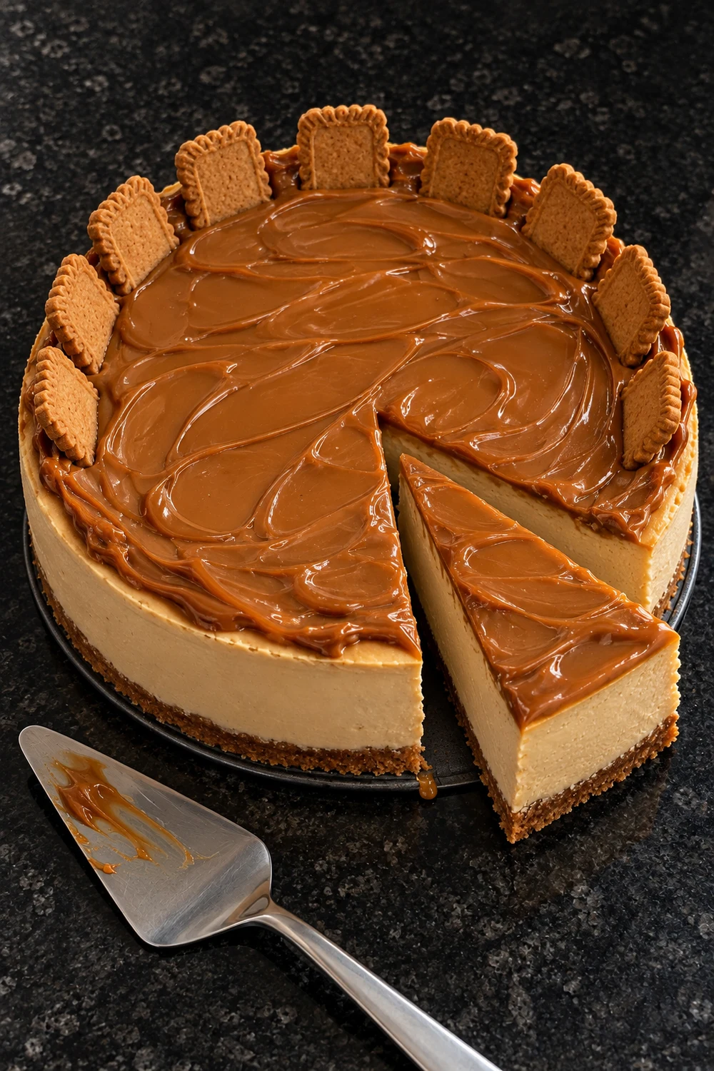 A whole Biscoff cheesecake seen from above with speculoos cookies standing around the edge and one wedge pulled out to show the smooth filling and thin crust, a cake server on the counter.