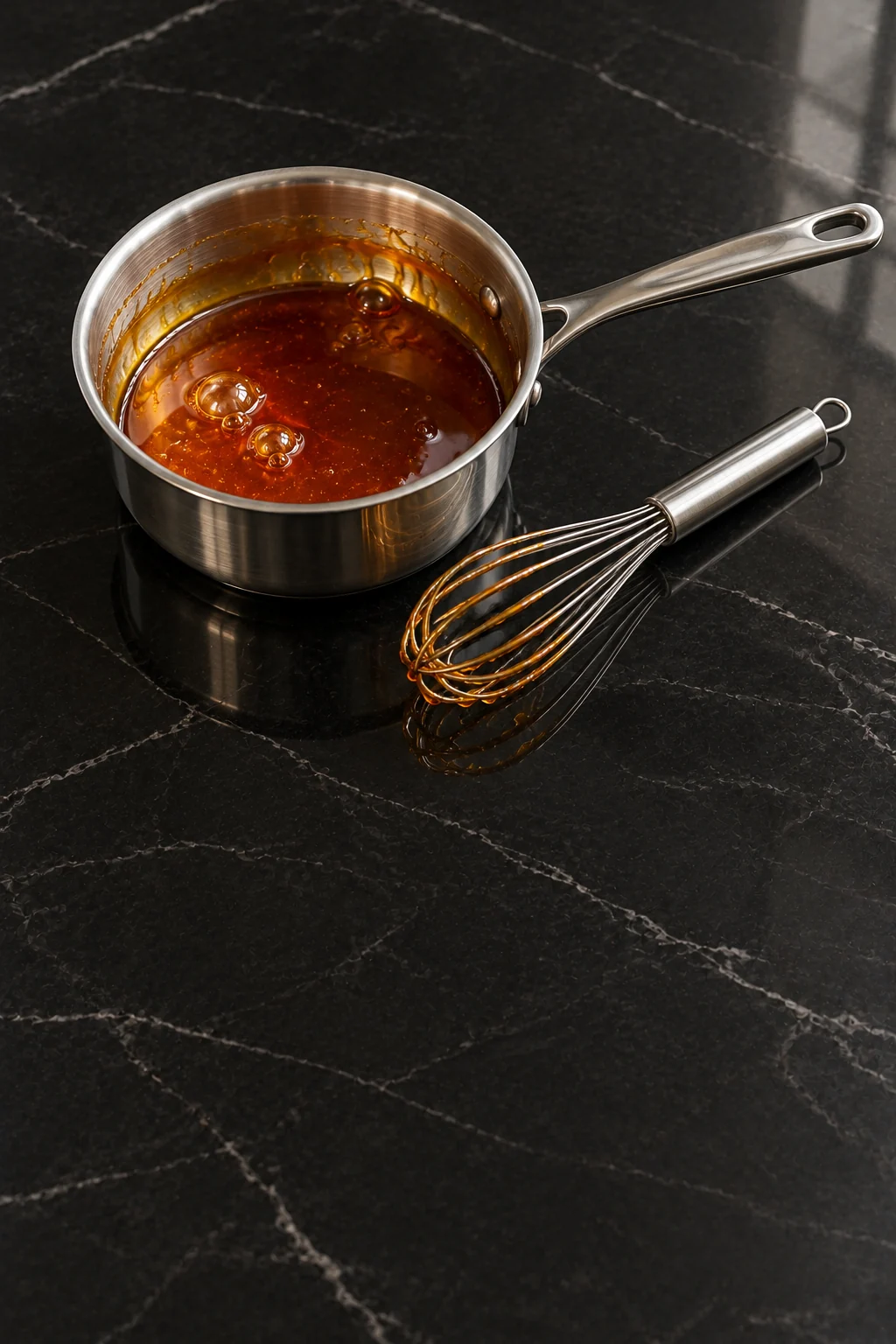 Clear deep amber melted sugar with a few large bubbles in a light stainless saucepan, amber streaks on the pan wall and a whisk resting on the counter.
