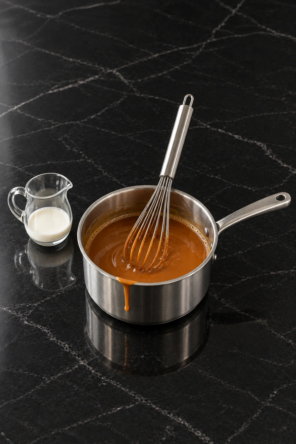 Smooth tan caramel sauce with a ring of foamy bubbles in a saucepan, a whisk standing in it and an empty cream pitcher beside the pan.