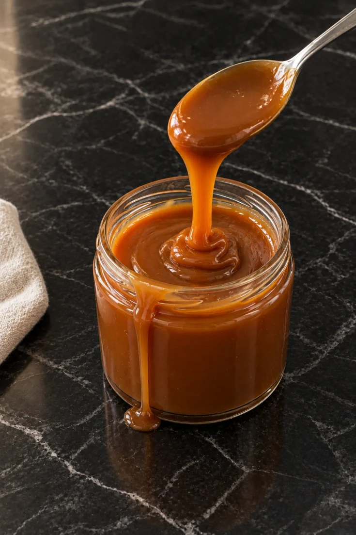 A teaspoon lifting a thick ribbon of glossy amber caramel sauce over a small glass jar, a drip running down the jar into a little puddle on a black marble counter.