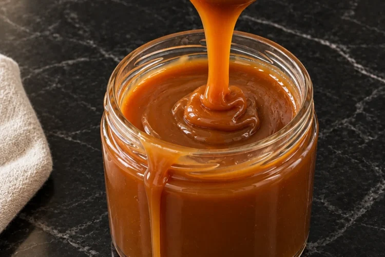 A teaspoon lifting a thick ribbon of glossy amber caramel sauce over a small glass jar, a drip running down the jar into a little puddle on a black marble counter.