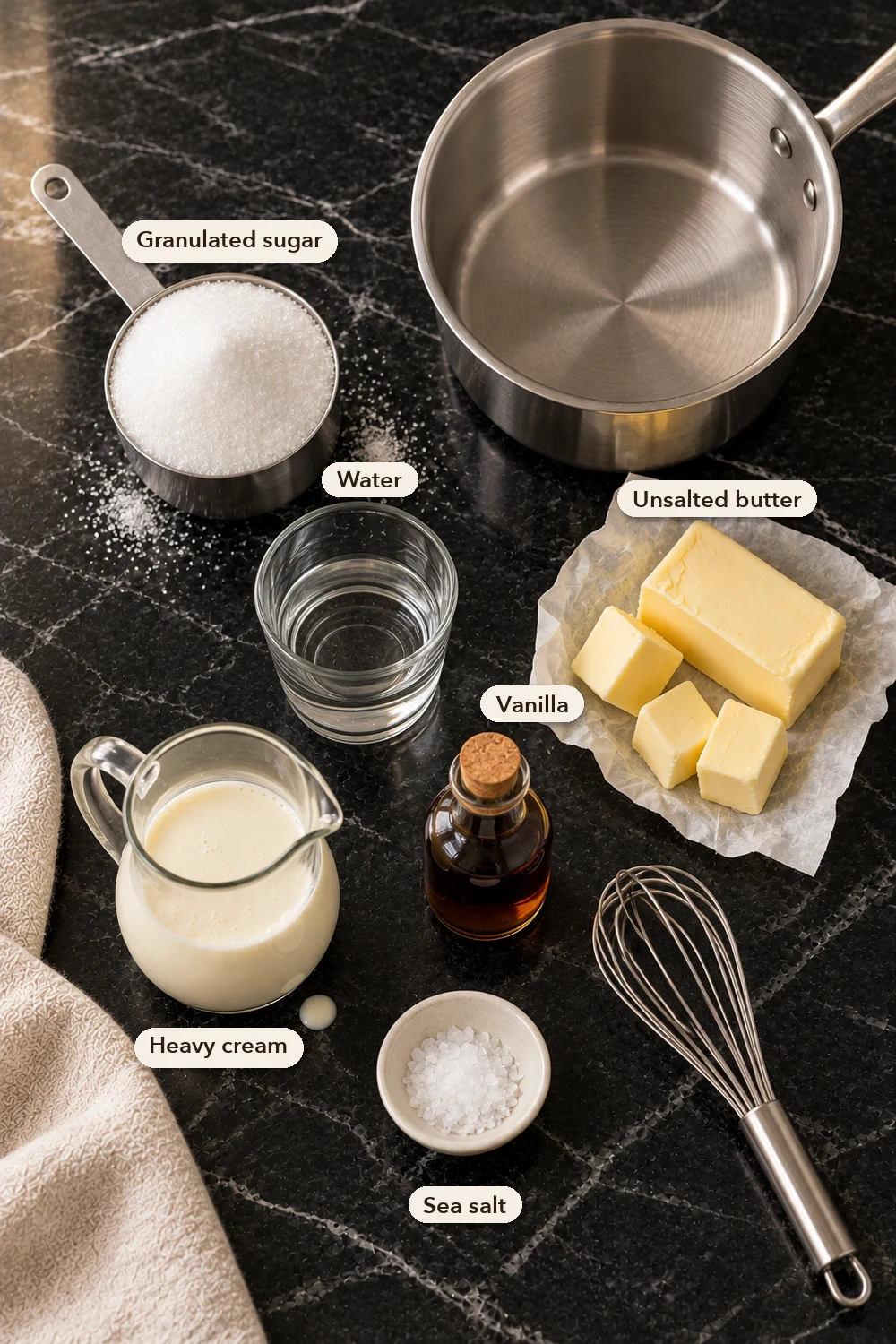 Labeled caramel sauce ingredients on black marble: granulated sugar in a measuring cup, a glass of water, cubed unsalted butter on its paper, heavy cream in a small pitcher, vanilla and sea salt, with an empty saucepan and a whisk.