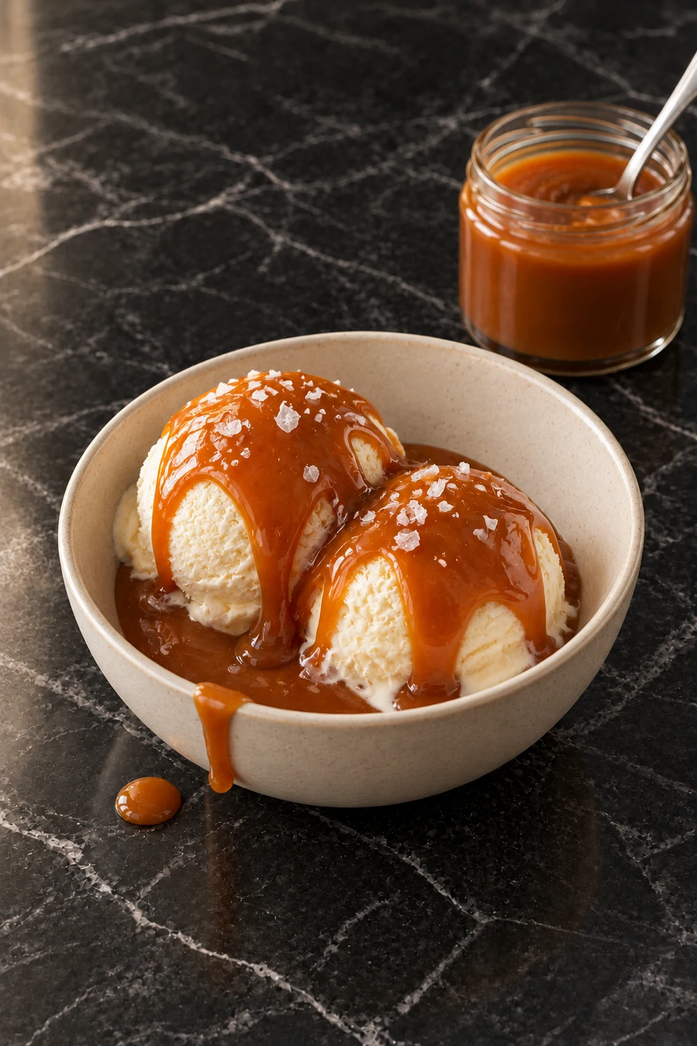 Two scoops of vanilla ice cream in a cream stoneware bowl with caramel sauce running down the sides, sprinkled with flaky salt, and the jar of caramel behind.
