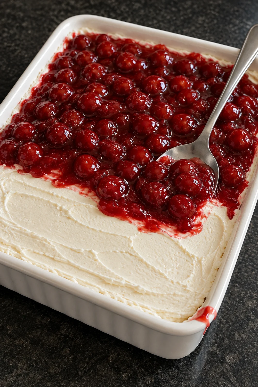 Cherry pie filling spooned over the white cream cheese layer in a 9x13 dish, two thirds covered with glossy cherries and a spoon resting in the fruit.