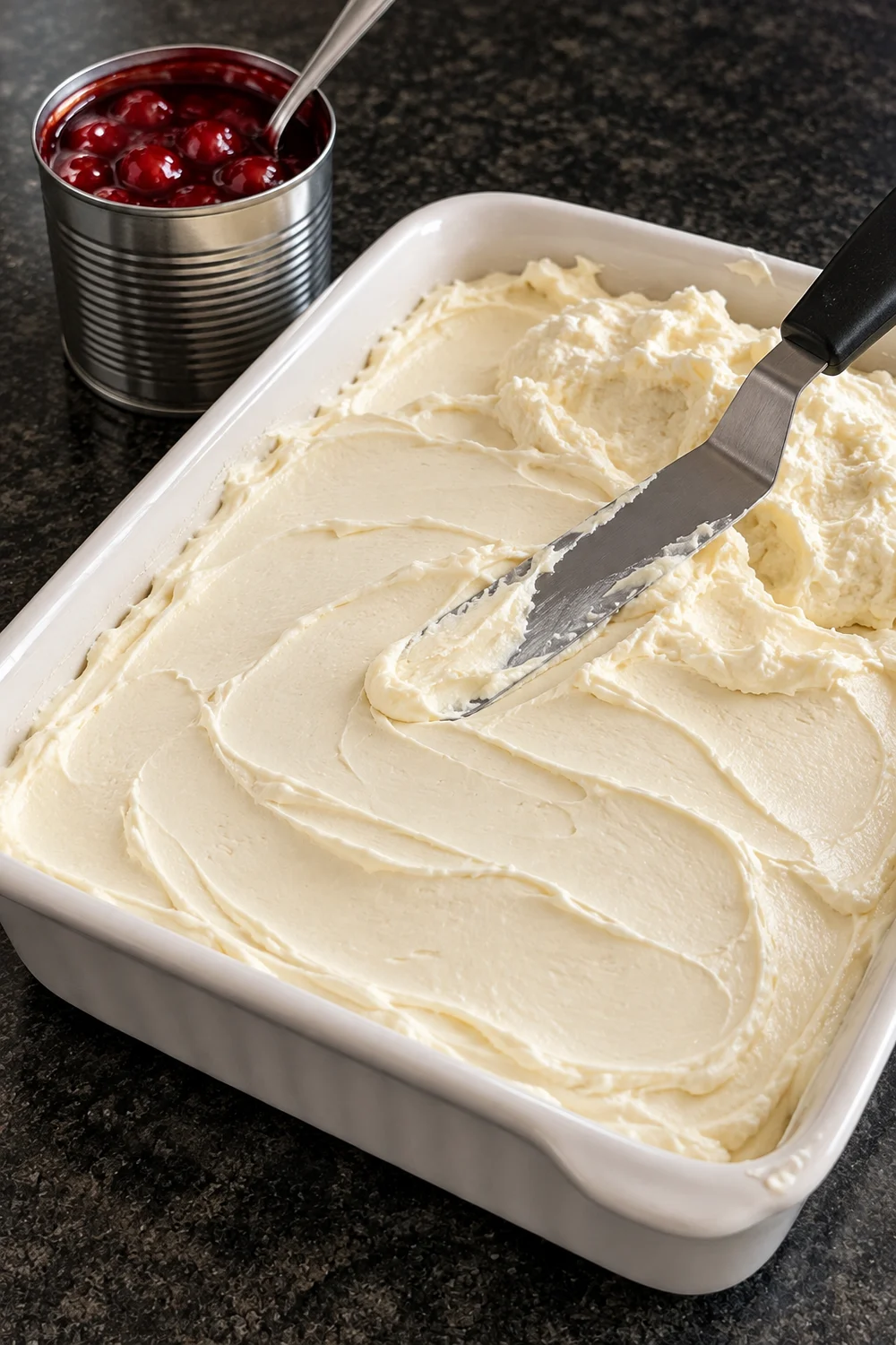 Thick white cream cheese and whipped cream filling being spread in a white 9x13 dish with an offset spatula, one corner still unspread, and an open can of cherry pie filling beside it.
