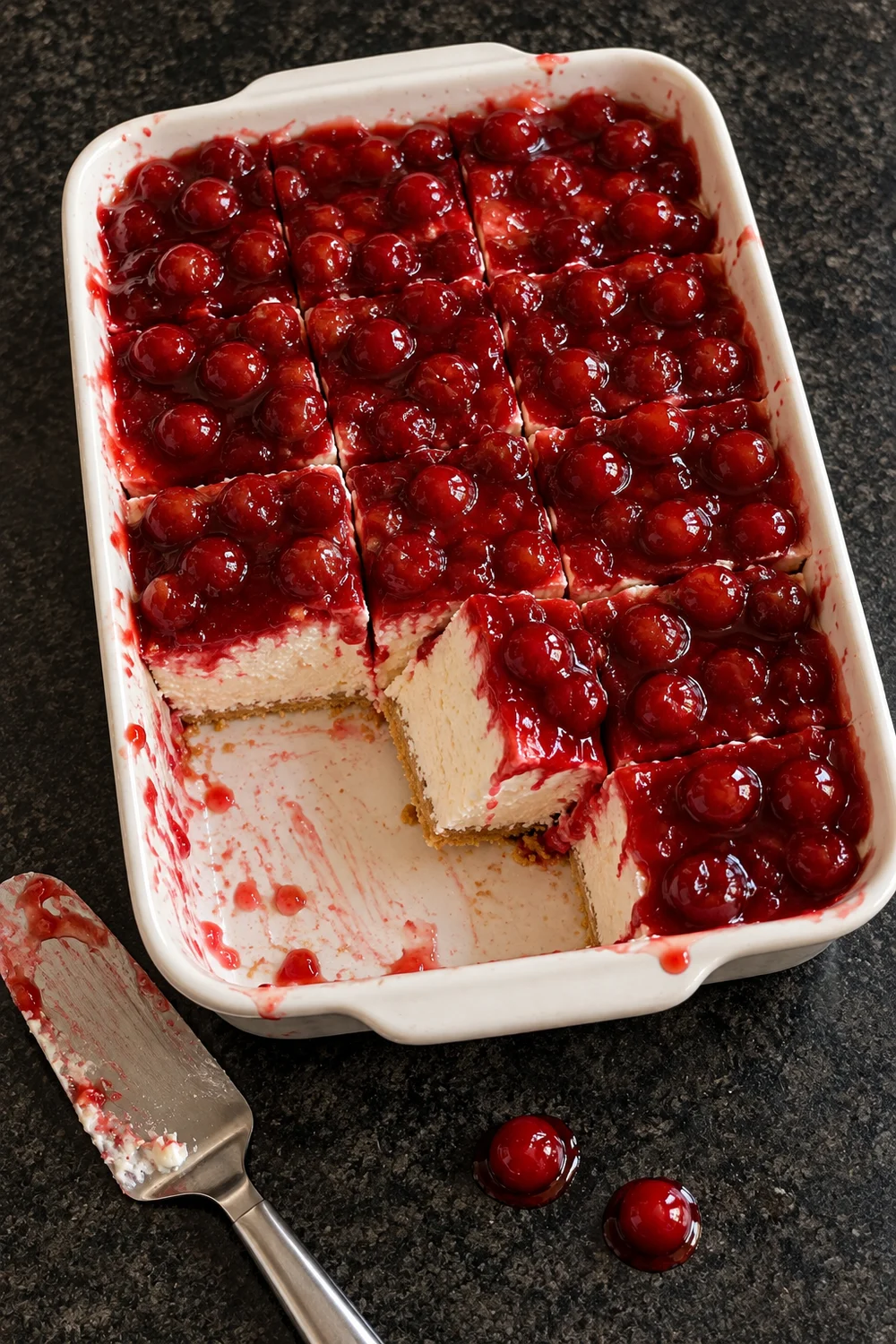 A white 9x13 dish of cherry delight cut into squares, two pieces missing to show the tall white filling and thin graham base, with a sauce-covered spatula and two cherries on the counter.