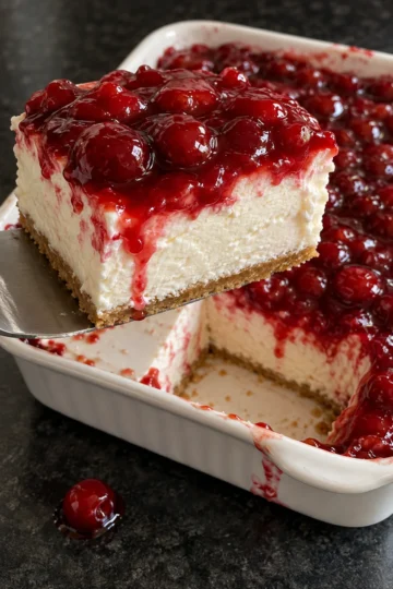 A square of cherry delight dessert lifted from a white 9x13 dish on an offset spatula, with glossy cherry pie filling dripping down a thick white cream cheese layer over a thin graham crust, on a black stone counter.