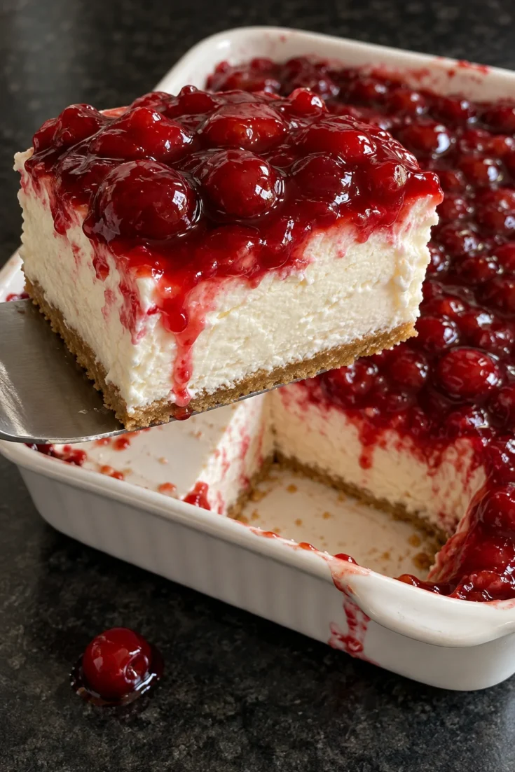 A square of cherry delight dessert lifted from a white 9x13 dish on an offset spatula, with glossy cherry pie filling dripping down a thick white cream cheese layer over a thin graham crust, on a black stone counter.