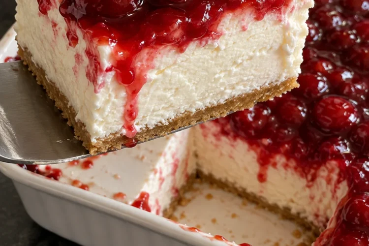 A square of cherry delight dessert lifted from a white 9x13 dish on an offset spatula, with glossy cherry pie filling dripping down a thick white cream cheese layer over a thin graham crust, on a black stone counter.