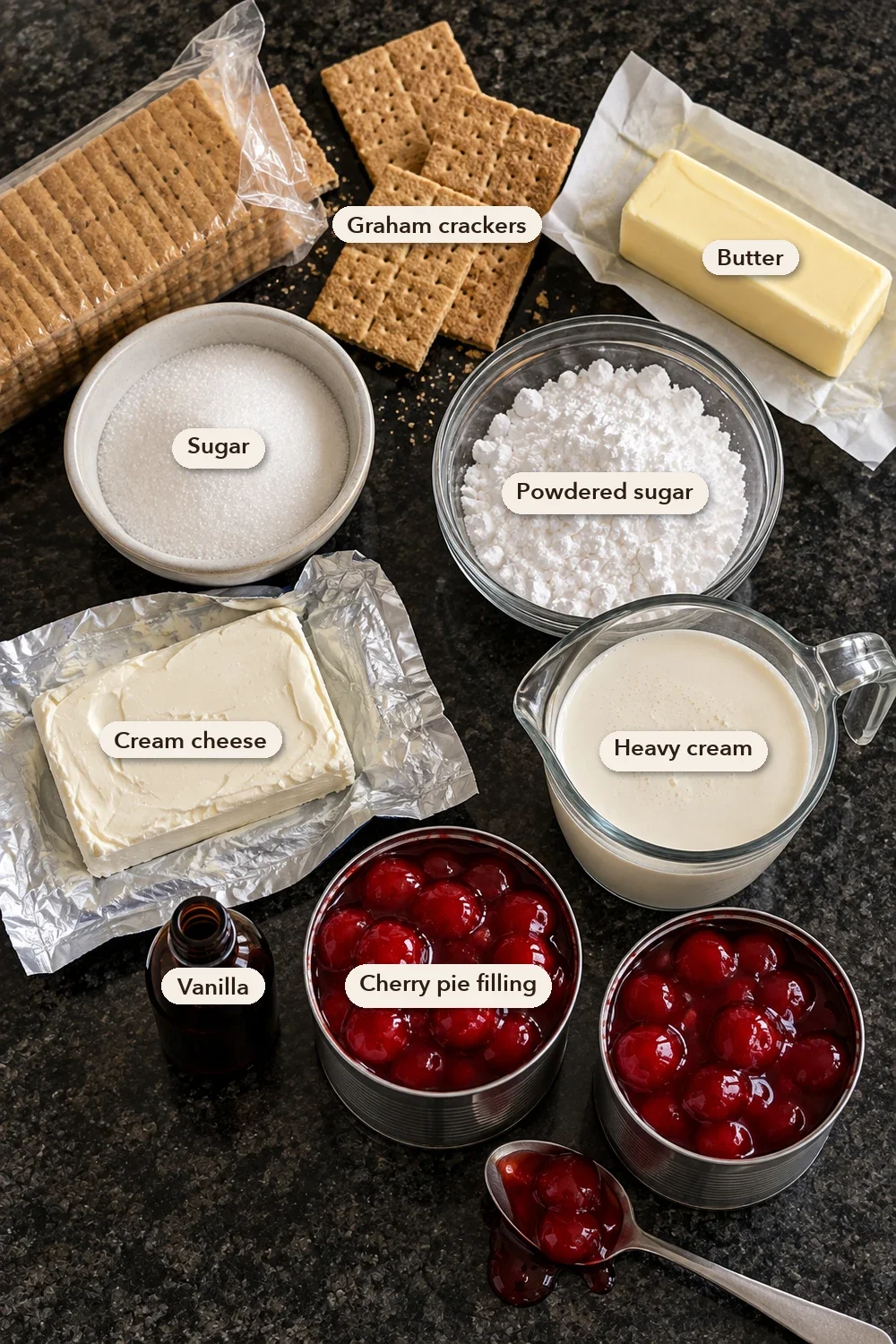 Labeled ingredients for cherry delight: graham crackers, butter, sugar, powdered sugar, cream cheese, heavy cream, vanilla and two open cans of cherry pie filling on a black stone counter.