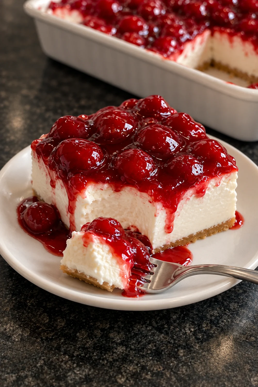 A piece of cherry delight on a white plate with a forkful cut from the front, cherry sauce pooling on the plate, and the dish of cherry delight behind it.