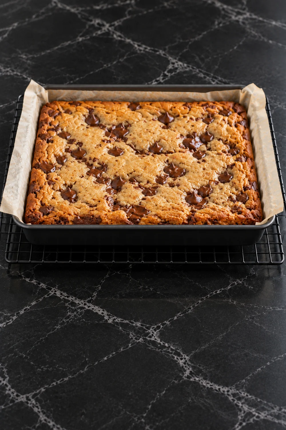 A just-baked slab of chocolate chip cookie bars in its 9x13 pan on a wire cooling rack, with deep golden edges, a slightly paler center and melted chips on top.