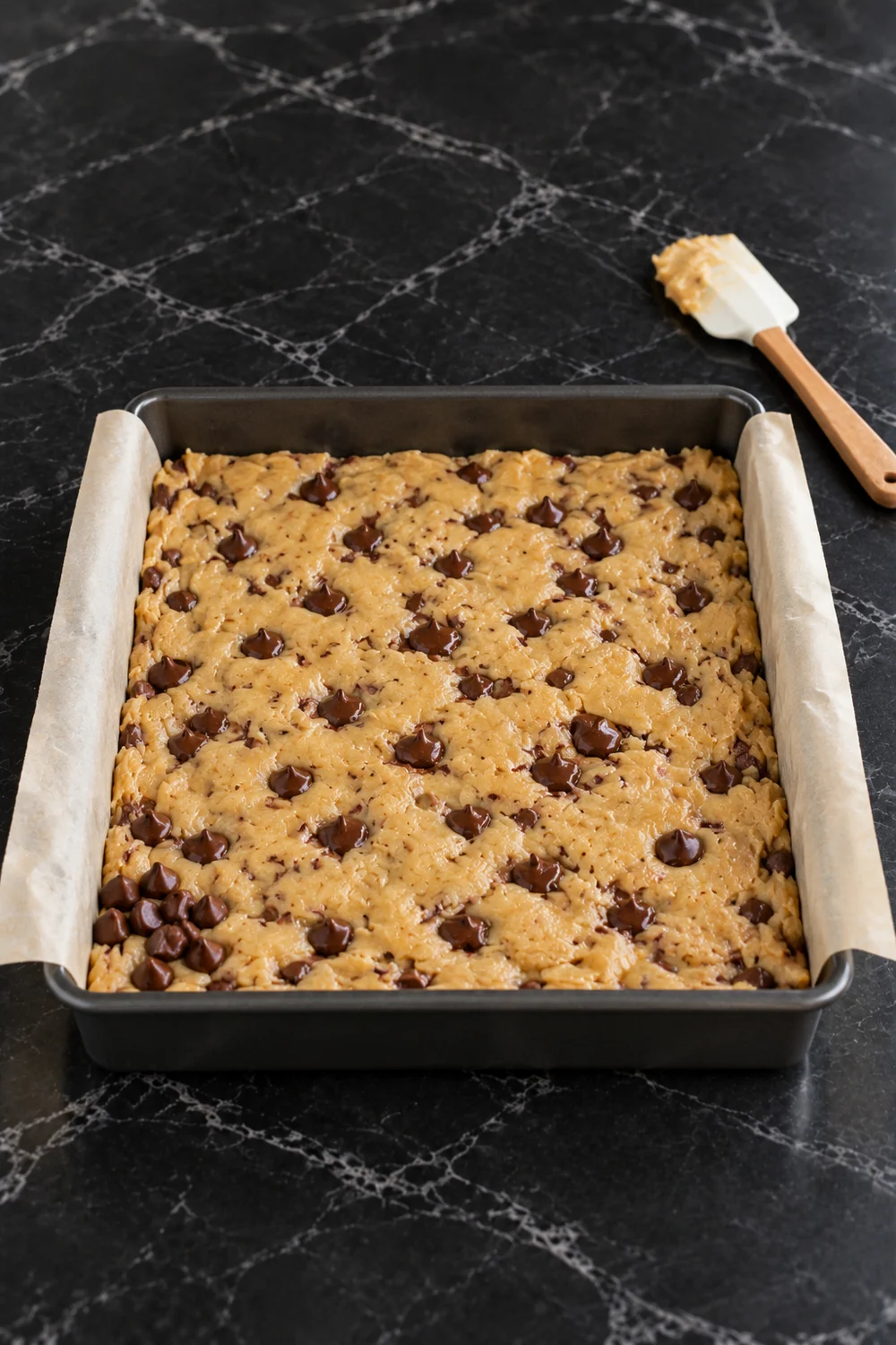 Raw chocolate chip cookie dough pressed into a parchment-lined 9x13 metal pan with extra chips dotted over the top and a spatula with dough on it lying beside the pan.