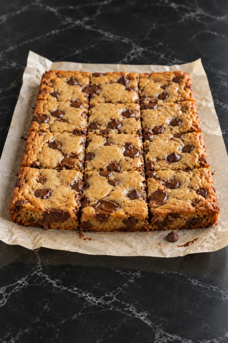 Twelve chocolate chip cookie bars cut in the slab on crinkled parchment on a black marble counter, with golden crackled tops, glossy pools of melted chocolate and one loose chip on the paper.