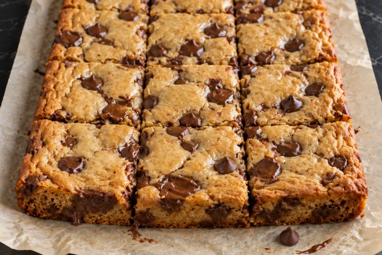 Twelve chocolate chip cookie bars cut in the slab on crinkled parchment on a black marble counter, with golden crackled tops, glossy pools of melted chocolate and one loose chip on the paper.