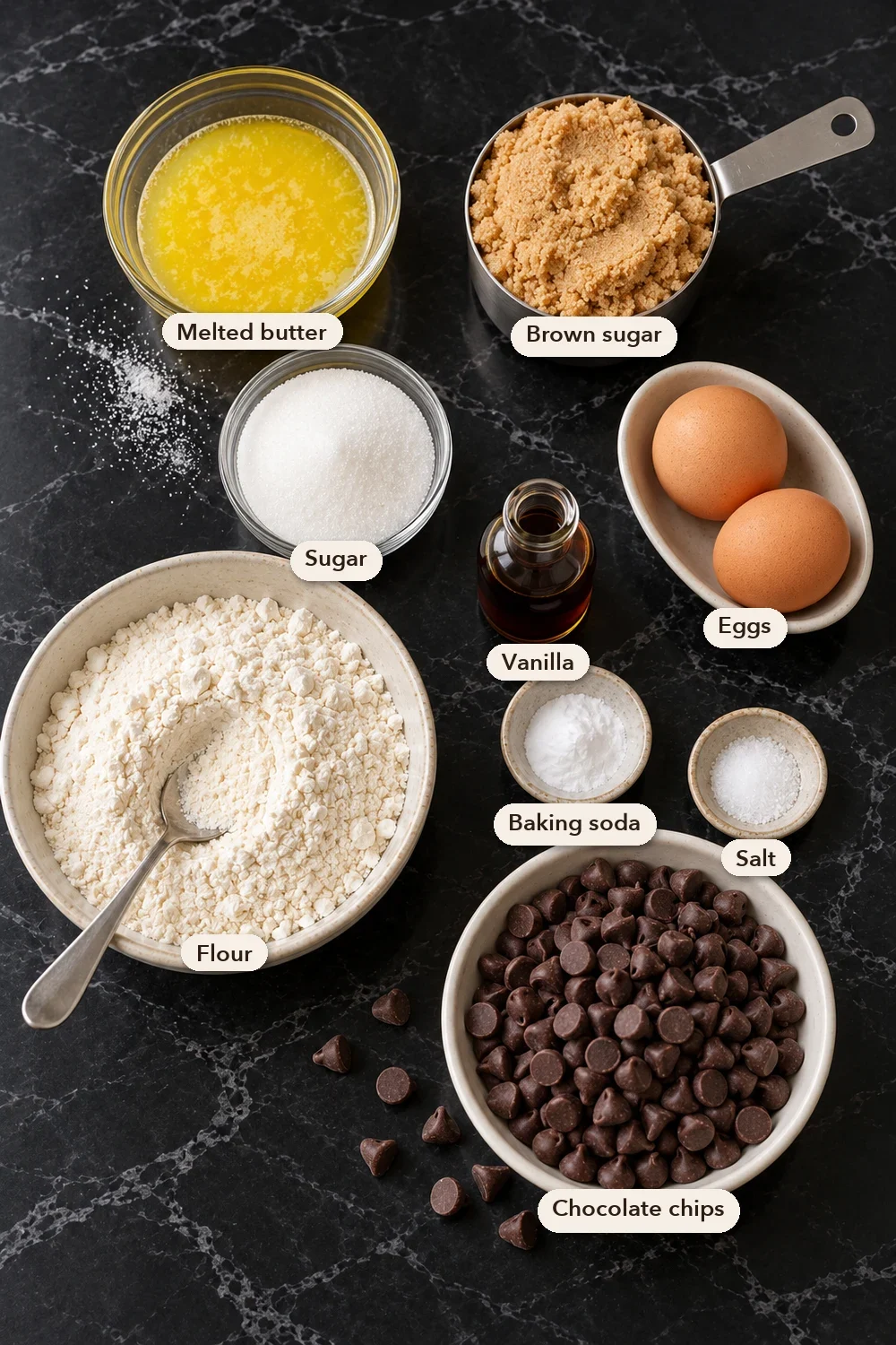 Labeled ingredients for cookie bars on black marble seen from above: melted butter in a glass bowl, packed brown sugar in a measuring cup, white sugar, two eggs, vanilla, a bowl of flour with a spoon, baking soda, salt and a bowl of chocolate chips.