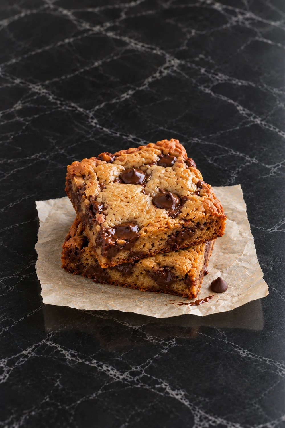 Two thick chocolate chip cookie bars stacked a little crooked on a torn square of parchment, the top bar showing glossy melted chips and a chewy golden edge.