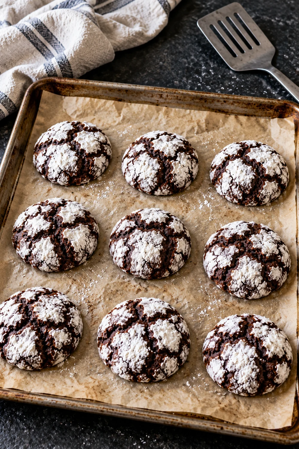 Nine baked chocolate crinkle cookies on a parchment-lined baking sheet, puffed with deep cracks and white powdered sugar, a metal spatula beside the pan.