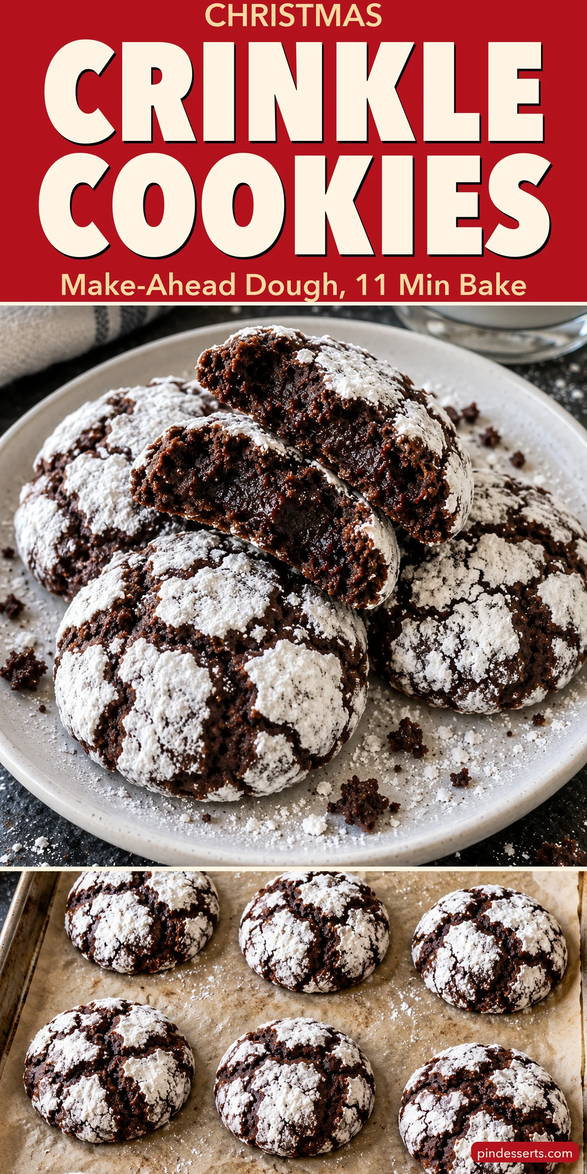 Christmas crinkle cookies collage with a red title block reading "Christmas Crinkle Cookies, Make-Ahead Dough, 11 Min Bake" over a plate of broken cookies and a baking sheet of crinkle cookies.