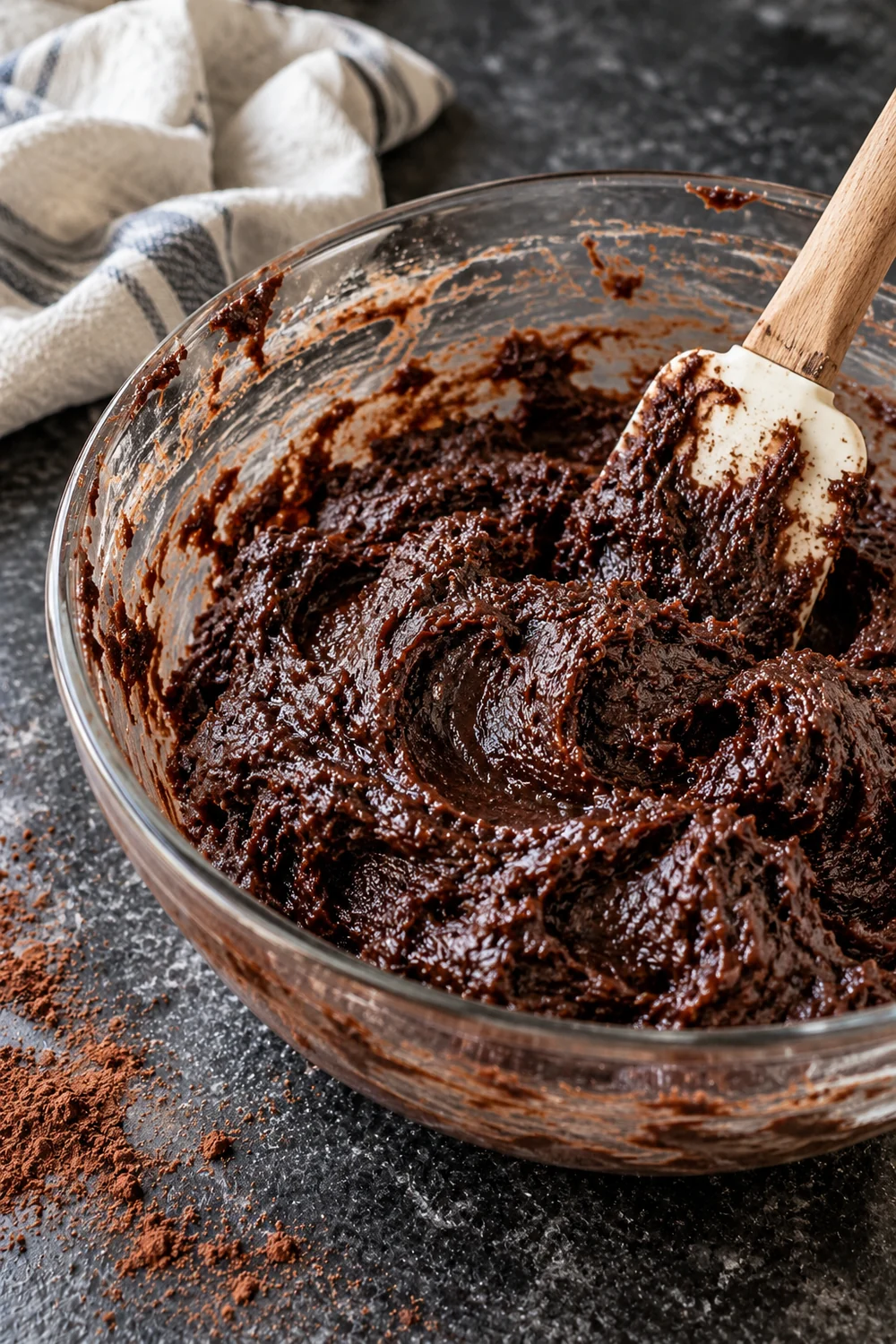 Soft, glossy chocolate crinkle cookie dough in a glass bowl before chilling, with a rubber spatula resting in it and cocoa powder spilled on the counter.