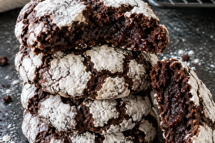A stack of 4 chocolate crinkle cookies on a black stone counter, the top one broken open to show a dark, fudgy center under cracked white powdered sugar.