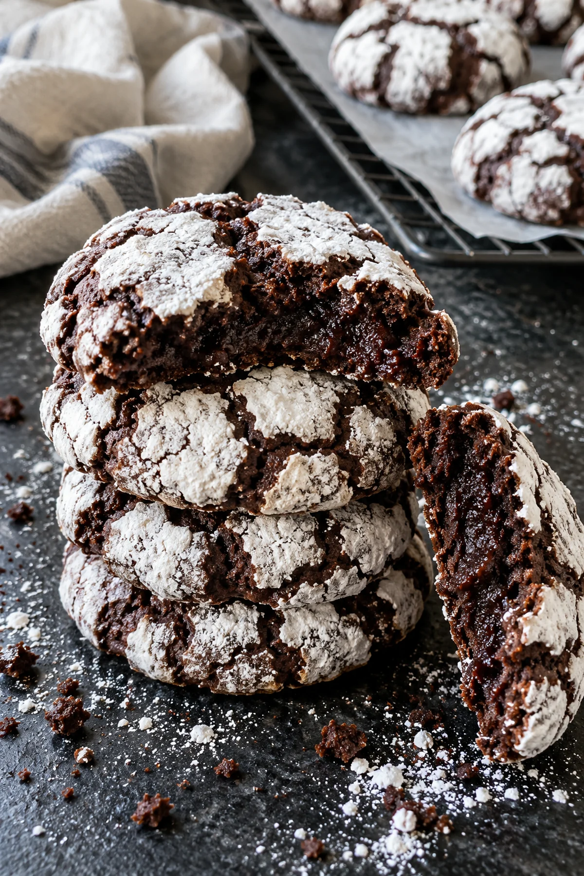 A stack of chocolate crinkle cookies on a black stone counter, the top one broken open to show a dark, fudgy center under cracked white powdered sugar.