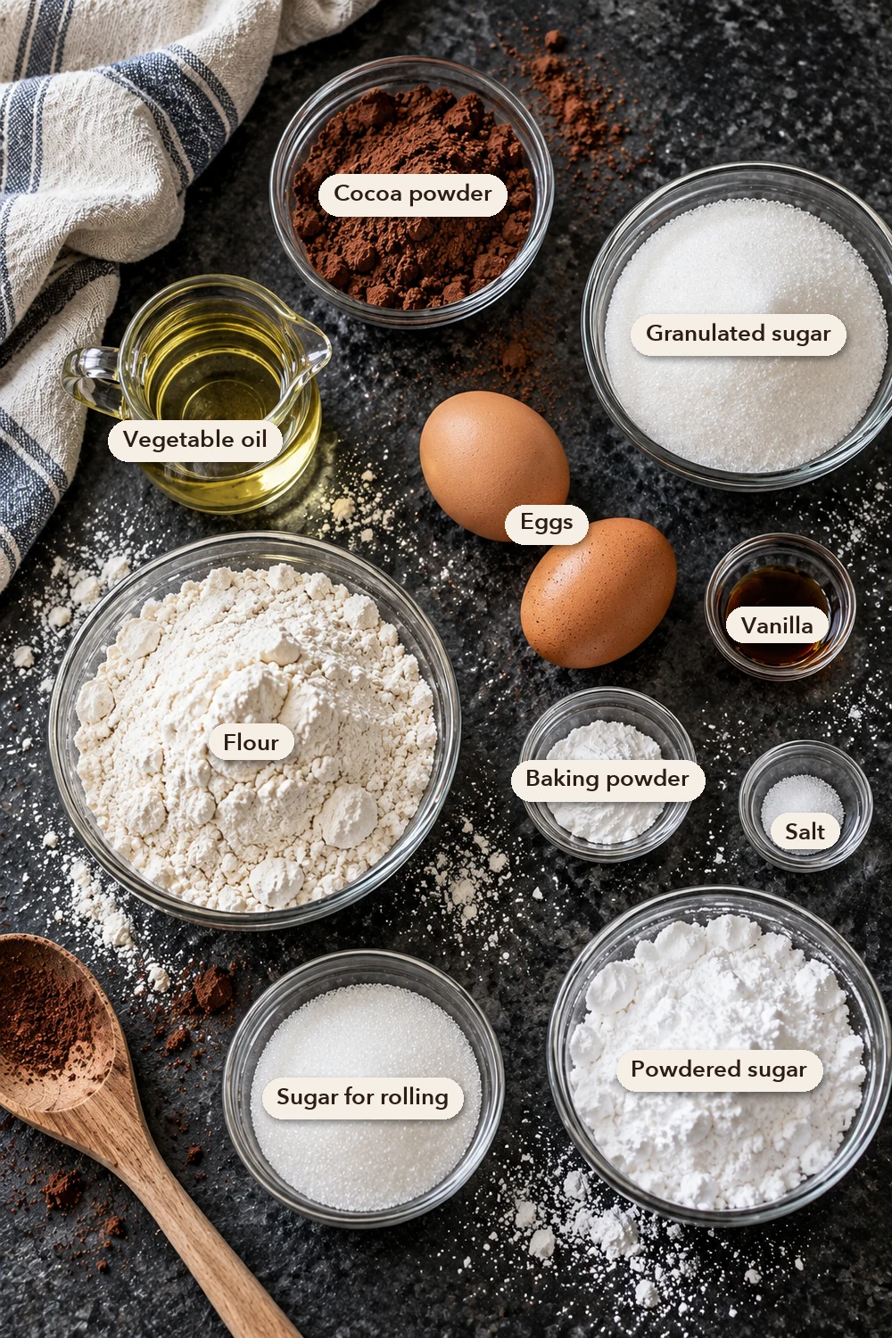 Labeled ingredients for chocolate crinkle cookies in glass bowls: cocoa powder, granulated sugar, vegetable oil, 2 eggs, vanilla, flour, baking powder, salt, sugar for rolling and powdered sugar.