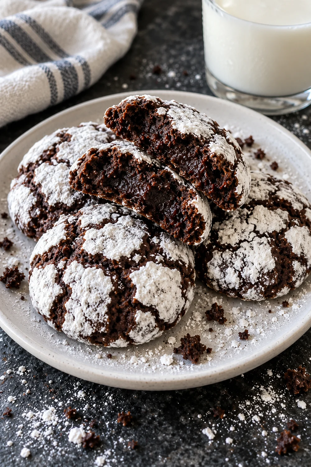 Chocolate crinkle cookies piled on a white plate with one broken in half to show the fudgy center, powdered sugar on the plate and a glass of milk behind.
