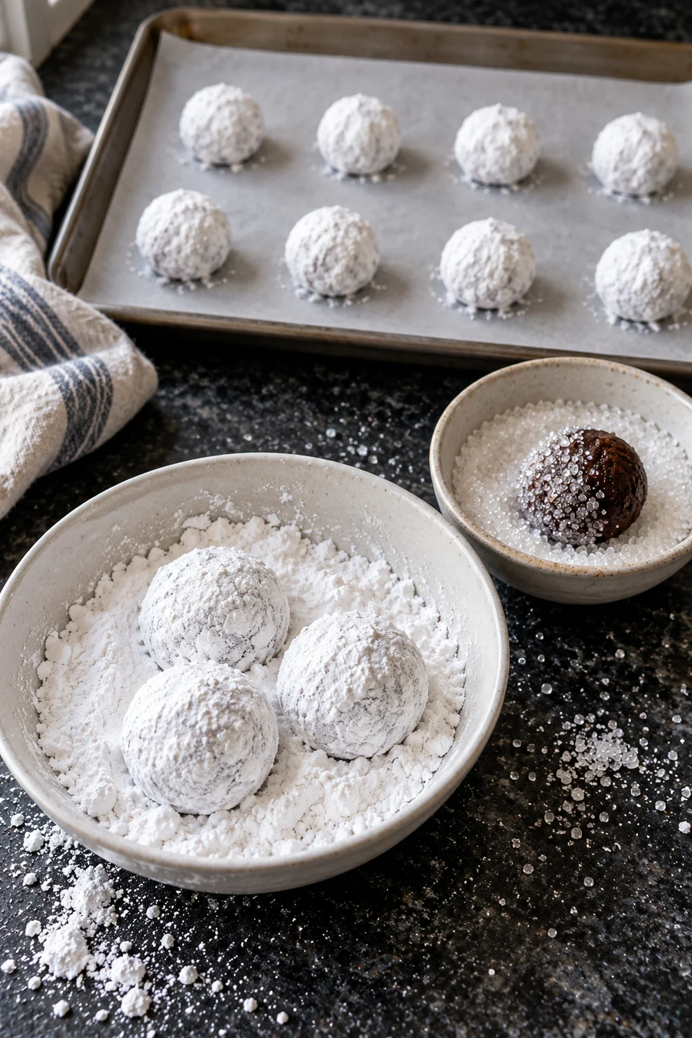 Chocolate crinkle cookie dough balls thickly coated in powdered sugar in a bowl, one ball rolled in granulated sugar, and a lined baking sheet of coated balls behind.