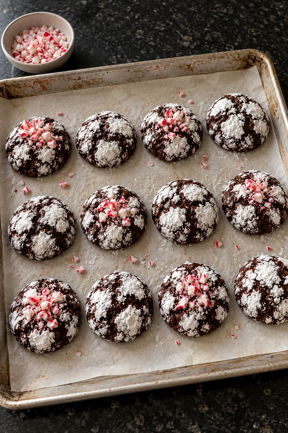 Twelve baked chocolate crinkle cookies on a parchment-lined baking sheet, half of them topped with crushed candy cane, and a small bowl of crushed candy cane beside the pan.