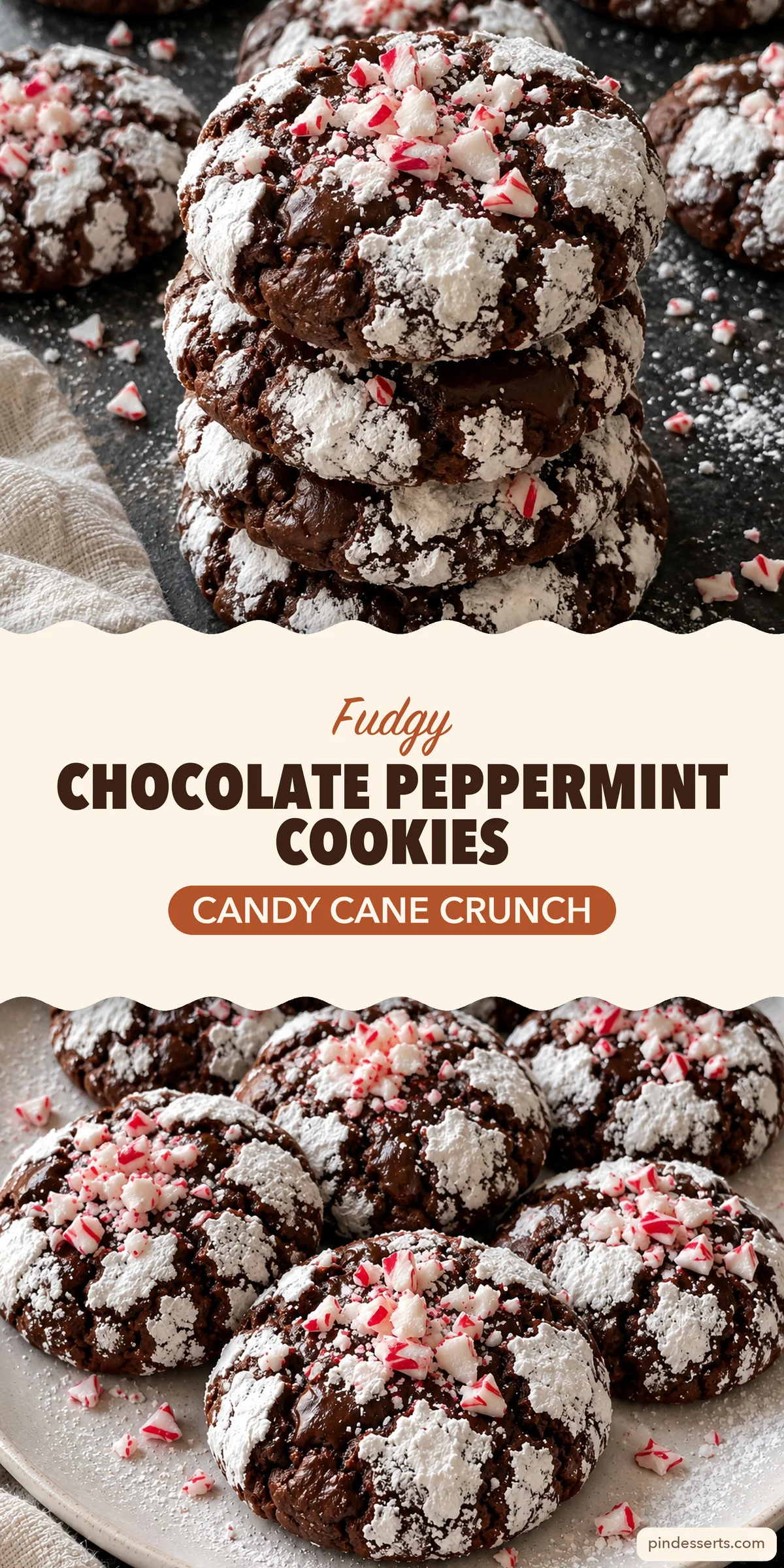 Chocolate peppermint cookies collage: a stack of crinkle cookies topped with crushed candy cane above a plate of cookies, titled "Fudgy Chocolate Peppermint Cookies, Candy Cane Crunch".