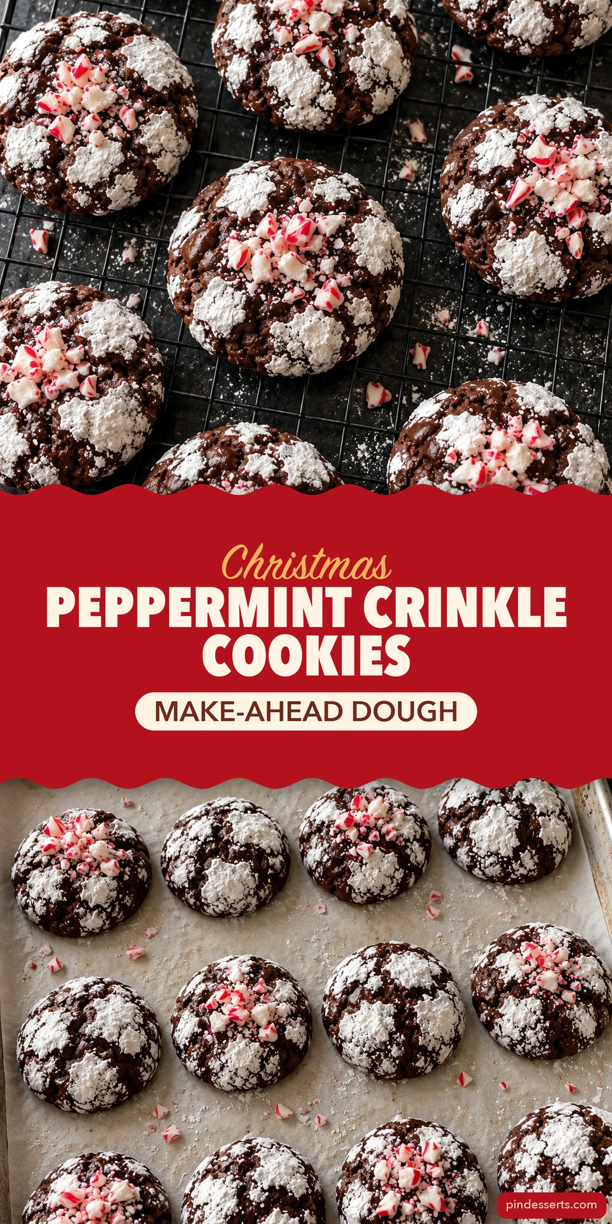 Peppermint crinkle cookies collage with a red band reading "Christmas Peppermint Crinkle Cookies, Make-Ahead Dough" between cookies on a cooling rack and a baking sheet of cookies.
