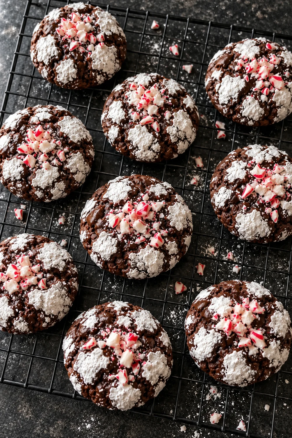 Overhead view of chocolate peppermint crinkle cookies cooling on a black wire rack, each topped with crushed candy cane, with candy cane pieces and powdered sugar under the rack.