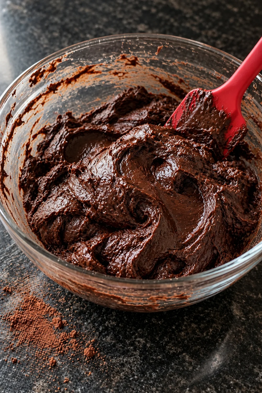 Soft, glossy dark chocolate cookie dough in a glass bowl before chilling, with a red spatula resting in it and cocoa powder spilled on the counter.