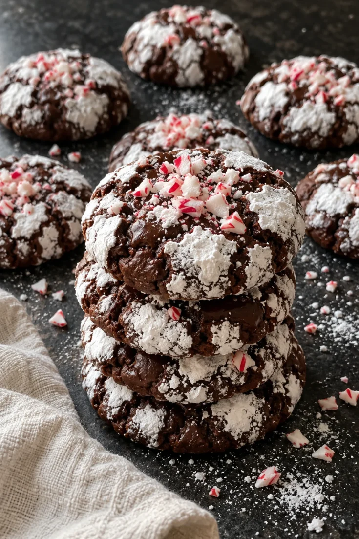 A stack of 4 chocolate peppermint crinkle cookies on a black stone counter, with dark fudgy cracks, thick white powdered sugar and crushed red and white candy cane pressed into the top.