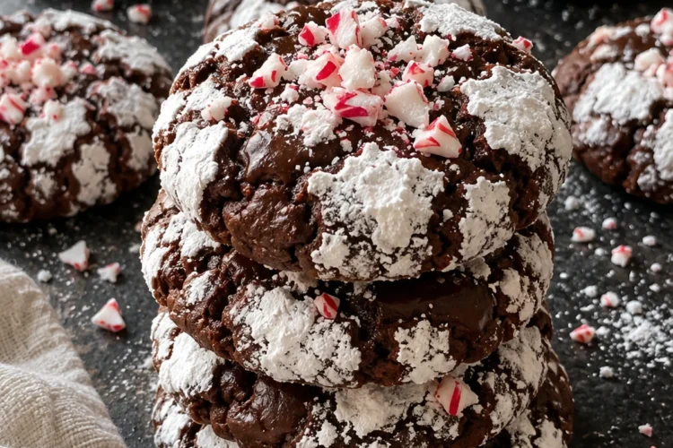 A stack of 4 chocolate peppermint crinkle cookies on a black stone counter, with dark fudgy cracks, thick white powdered sugar and crushed red and white candy cane pressed into the top.