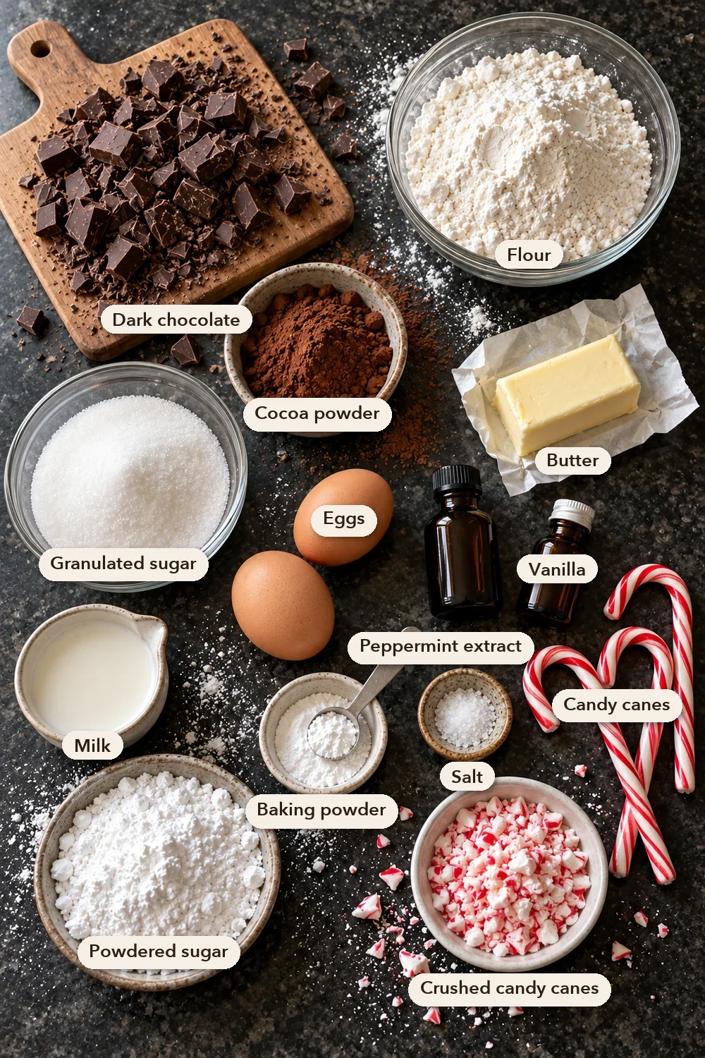 Labeled ingredients for chocolate peppermint cookies: chopped dark chocolate, flour, cocoa powder, butter, granulated sugar, eggs, vanilla, peppermint extract, milk, baking powder, salt, powdered sugar, candy canes and crushed candy canes.