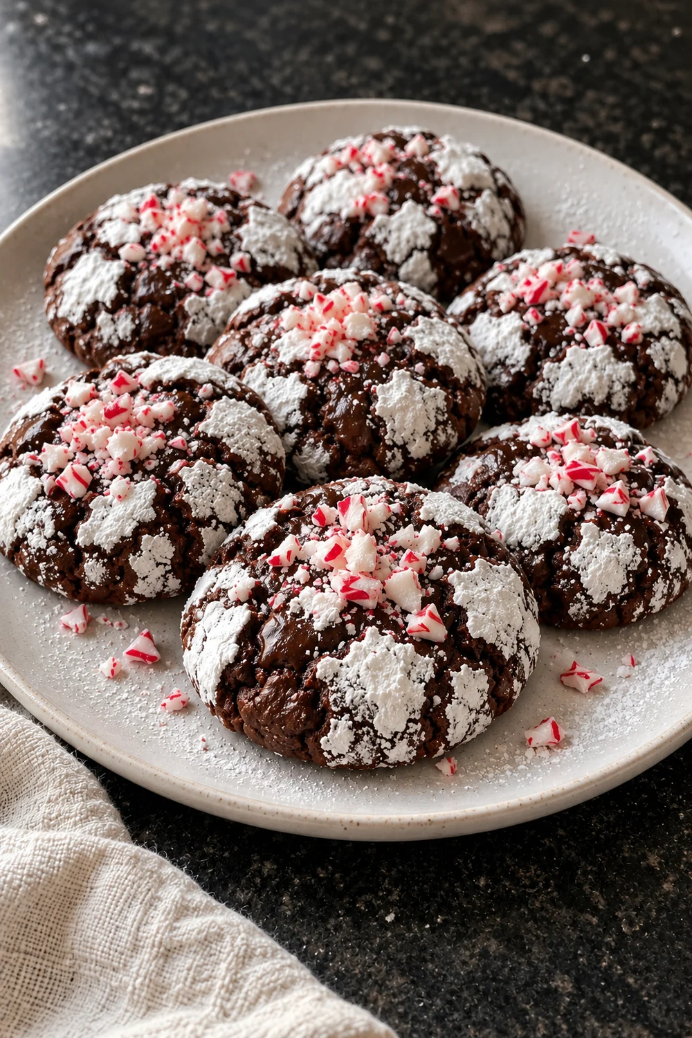 Seven chocolate peppermint crinkle cookies piled on a white stoneware plate, with crushed candy cane and powdered sugar scattered on the plate.