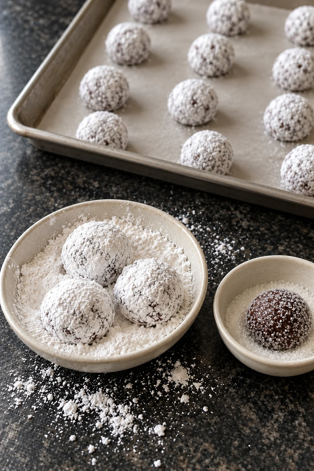 Chocolate dough balls thickly coated in powdered sugar in a bowl, one ball rolled in granulated sugar in a small bowl, and a lined baking sheet of coated balls behind.