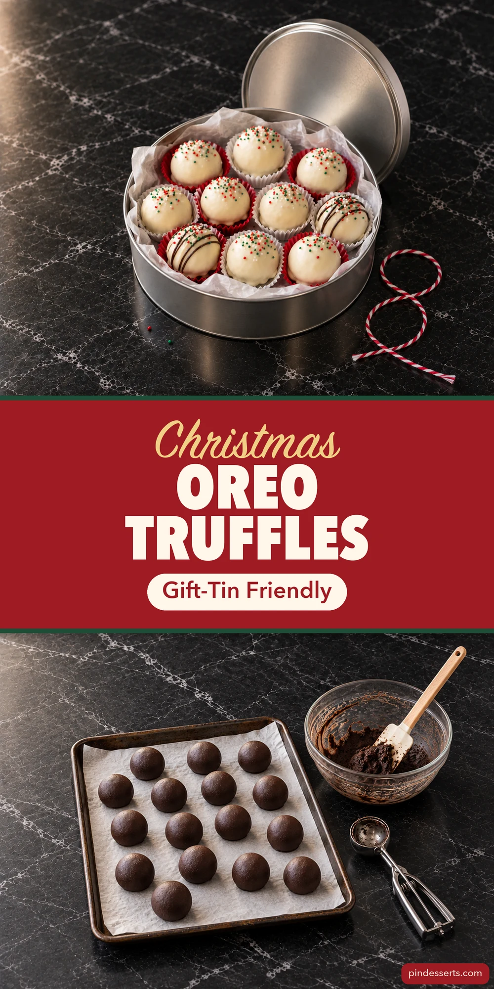 A silver gift tin of white chocolate Oreo truffles in paper cups at the top and a baking sheet of rolled undipped Oreo balls at the bottom, around a cherry red panel reading Christmas Oreo Truffles, Gift-Tin Friendly.
