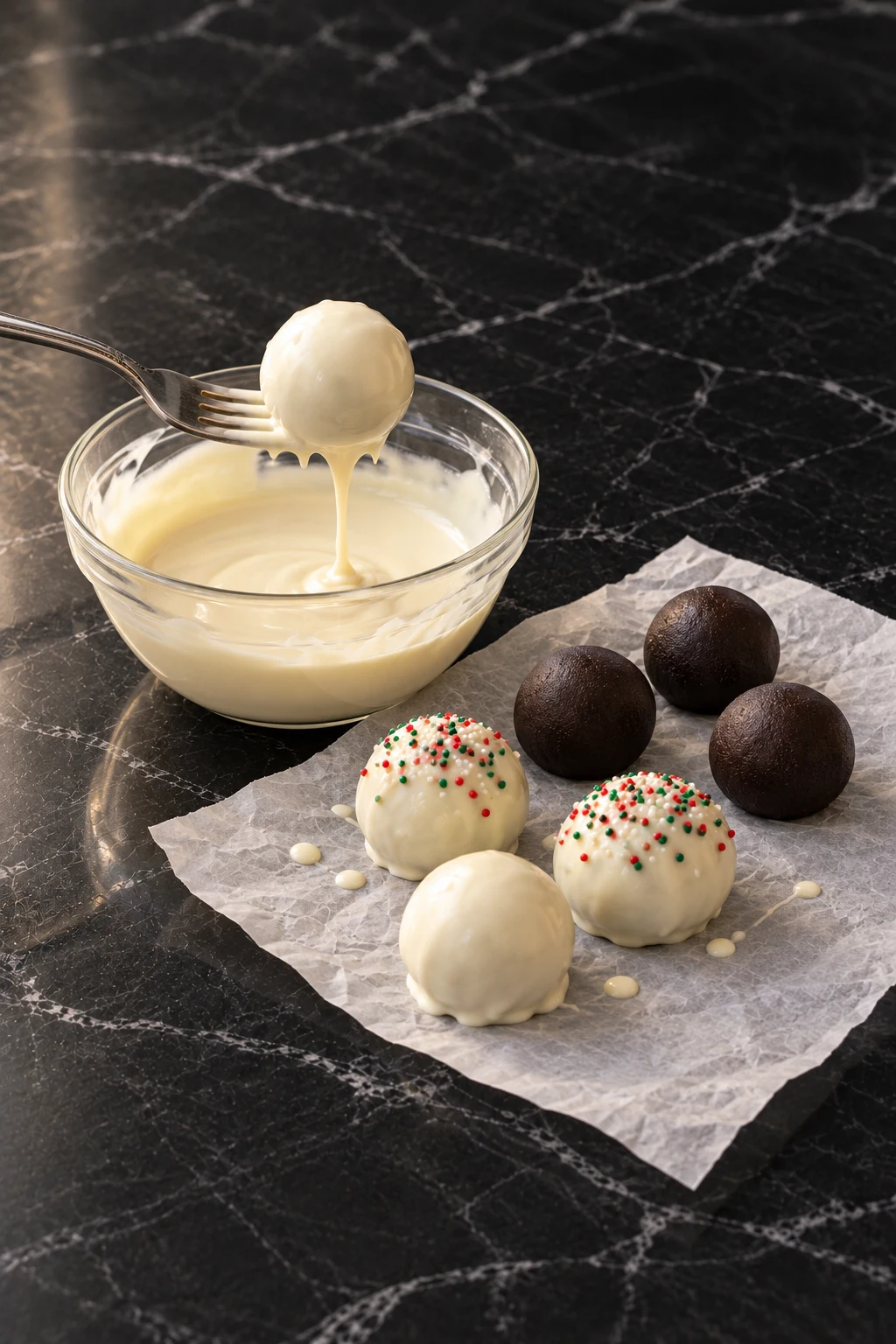 A fork resting on a glass bowl of melted white chocolate, holding a dipped Oreo ball that drips back into the bowl, with dipped and plain Oreo balls on parchment beside it.