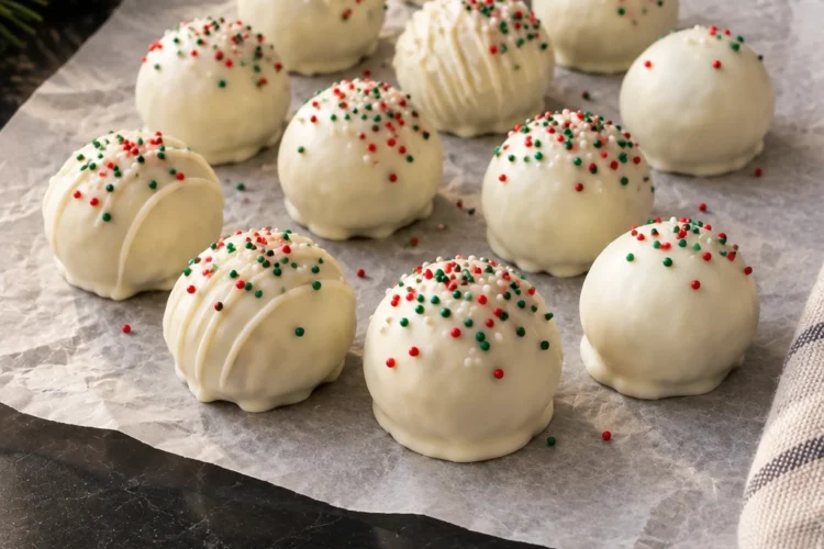 White chocolate Oreo balls on crinkled parchment on black marble, topped with a random scatter of red and green nonpareils, a few with a white drizzle, a pine sprig at the edge.