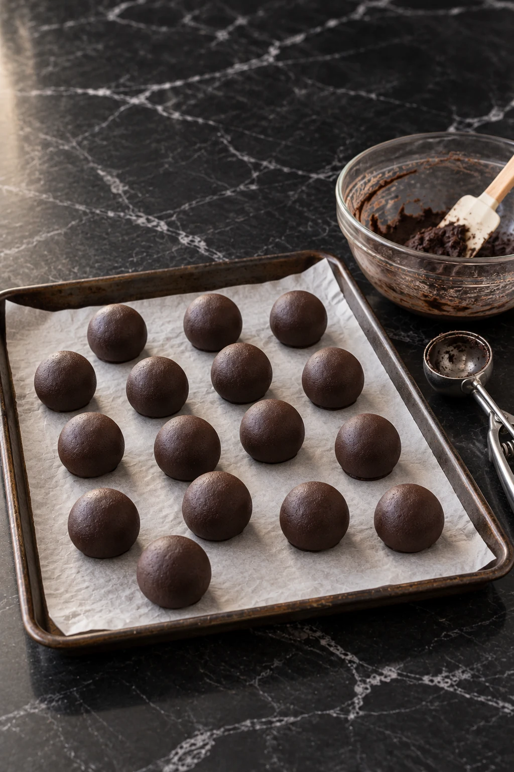 Rolled dark Oreo and cream cheese balls in rows on a parchment-lined baking sheet, next to a cookie scoop and a bowl with the last of the dough and a spatula.