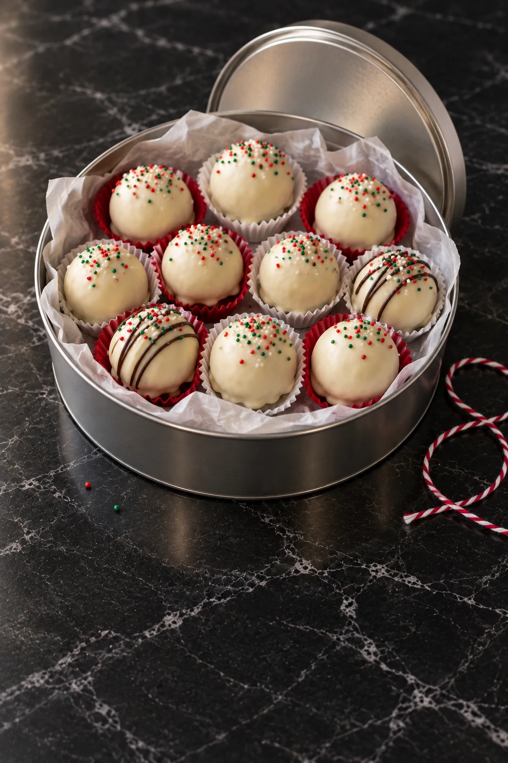 A round silver tin lined with parchment, filled with Oreo balls in red and white paper candy cups, some with sprinkles and two with a dark chocolate drizzle, red and white twine beside it.