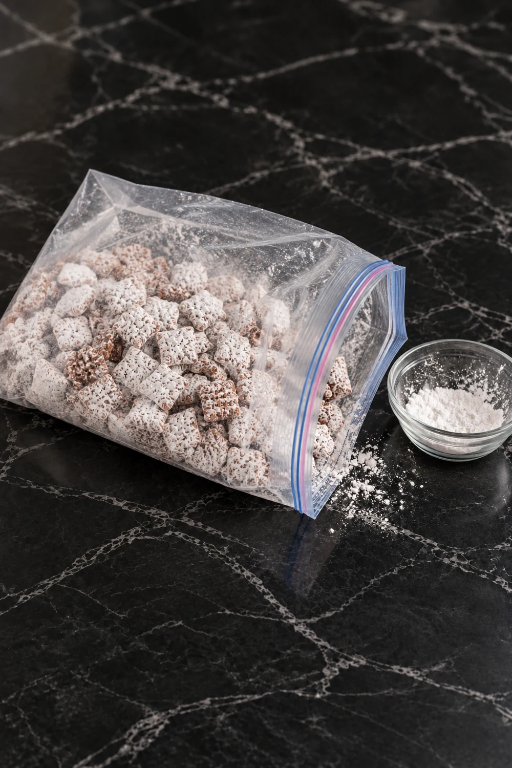 Chocolate-coated cereal tumbling in powdered sugar inside a clear zip-top bag lying on the marble, a few brown pieces still showing, with a small bowl of the remaining sugar beside it.