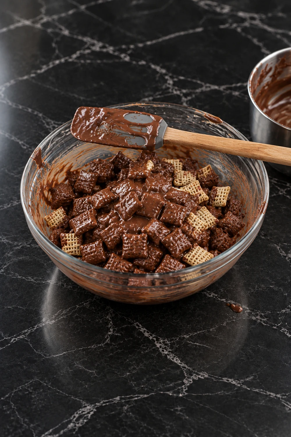 Rice Chex half folded with glossy melted chocolate peanut butter in a glass bowl, a few pale pieces still uncoated, a chocolate-covered spatula resting across the rim and the saucepan behind it.