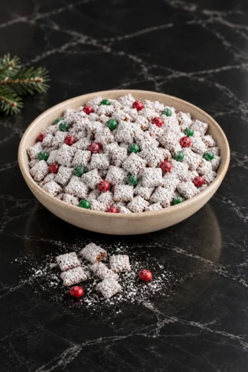 A cream stoneware bowl heaped with Christmas puppy chow, small cereal squares in a thick white powdered sugar coat mixed with red and green candy-coated chocolates, a few pieces and a drift of sugar spilled on black marble and a pine sprig at the edge.