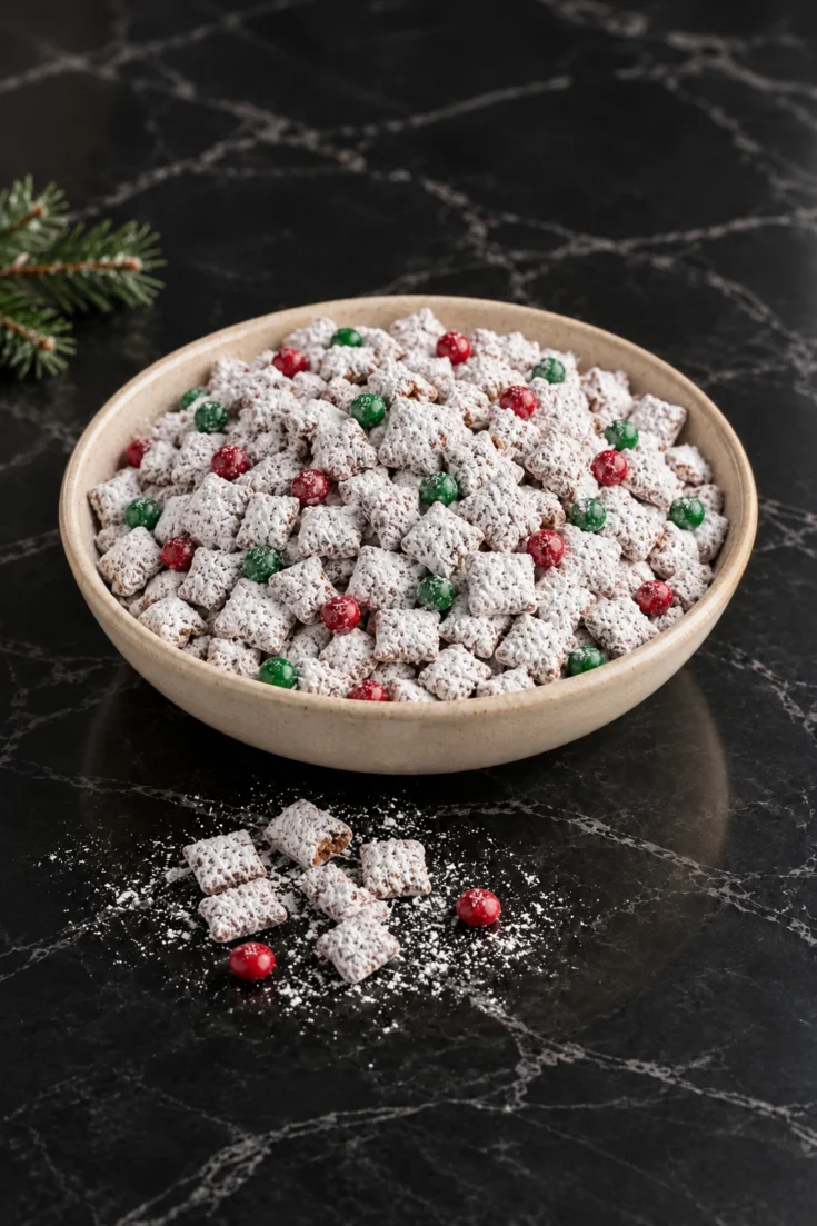 A cream stoneware bowl heaped with Christmas puppy chow, small cereal squares in a thick white powdered sugar coat mixed with red and green candy-coated chocolates, a few pieces and a drift of sugar spilled on black marble and a pine sprig at the edge.